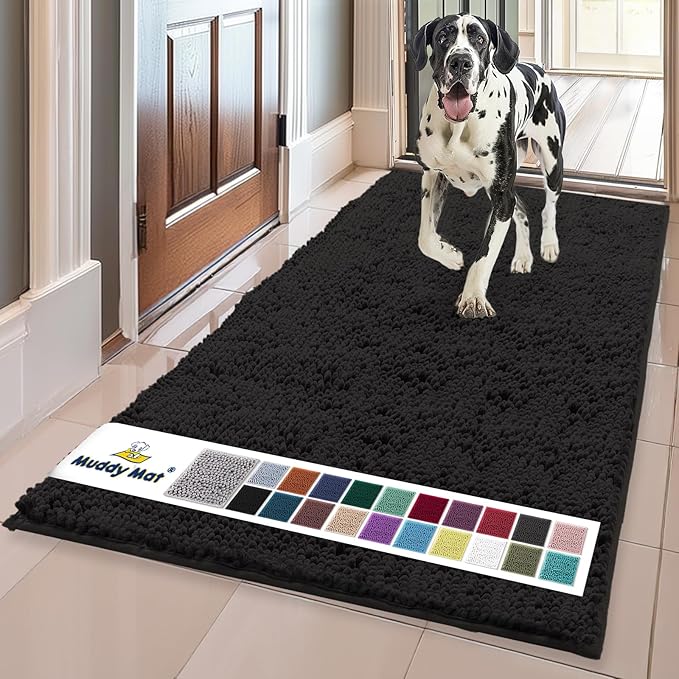 Muddy Mat® | Super Absorbent Door Mat Indoor, Microfiber Quick Dry Chenille Entryway Rug, Non-Slip Front Door Mat, Indoor Mats for Entryway, Machine Washable Pet Rug, Black 24"x120"