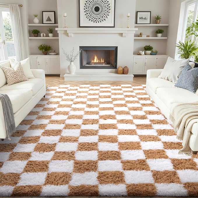 Ophanie Checkered Beige & White Rug for Living Room Bedroom, Fluffy Soft Cute Fuzzy Area Rugs, Shag Plush Shaggy Bedside Floor 8x10 Furry Carpet for Kids Baby Teen Dorm Nursery Home Decor Aesthetic
