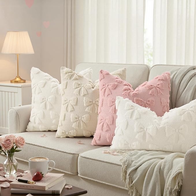 decorUhome Cream White Bow Pillow Covers Set of 2 Coquette Aesthetic Cute Preppy Plush Faux Pillowcases for Girly Bedroom or Couch 12x20 Inch