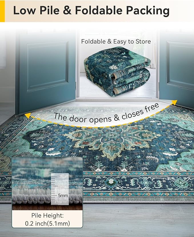 RELEANY Area Rugs 3'x9' Runner Rug Non Slip Washable for Kitchen Hallway Bedroom Beside Laundry Room Bathroom Rug, Floor Carpet, Teal Green Lake Blue Turquoise