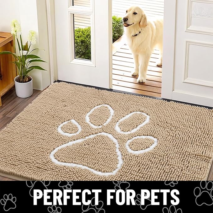 Smiry Dog Door Mat for Muddy Paws, Absorbent Dirt Trapper Non Slip Quick Dry Washable Chenille Mat for Mud Dogs, Entry Rug for Indoor and Outdoor (36x24 Inches, Beige and White)