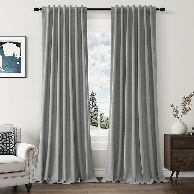Guken Dark Grey 100% Blackout Linen Curtains 90 Inch Length 2 Panels Set for Living Room Back Tab Thermal Insulated Black Out Drapes Room Darkening Farmhouse Style for Bedroom Window Curtains