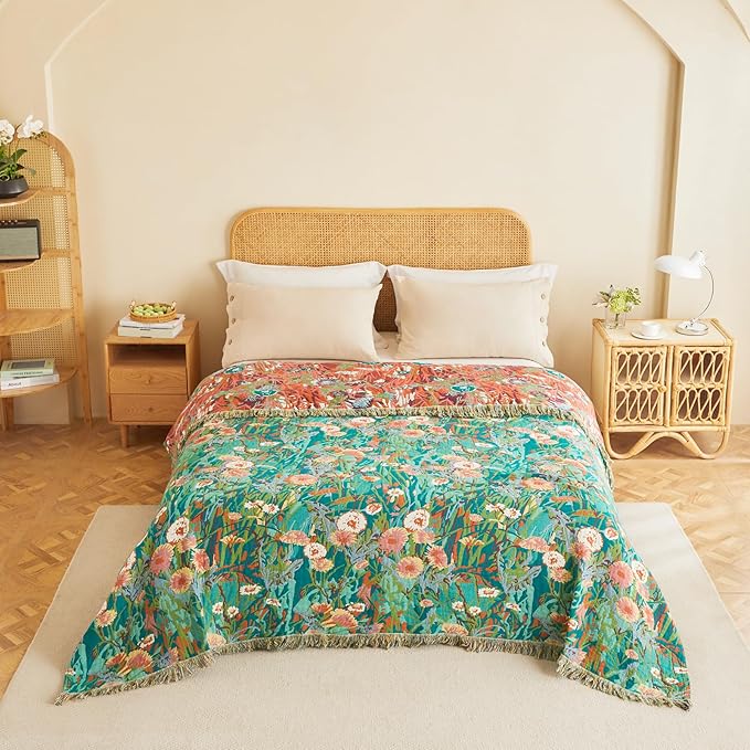 MSGKV Boho Throw Blanket 60"x80" Floral Blankets for Bed 100% Cotton Twin Size Couch Blanket Lightweight Farmhouse Muslin Spring Breathable Home Decor All Seasons