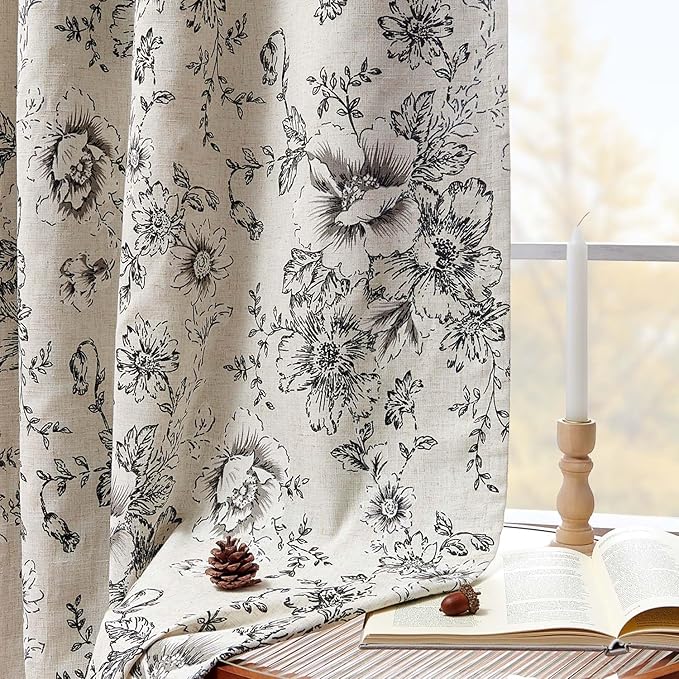 jinchan Blackout Floral Curtains for Living Room Bedroom Linen Blend Curtain Farmhouse Black Printed with Lined Back Tab Rod Pocket Drapes Window Treatments 2 Panels 84 Inch