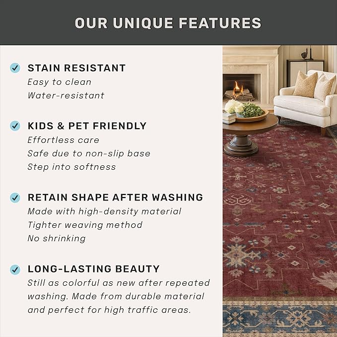 Turkish 4x6 Rug for Living Room Small - Area Rug for Kitchen, Bedside, Foyer Large Entryway Indoor - Washable Stain Resistant Non Slip, Unique Victorian Art Deco, Maroon & Burgundy