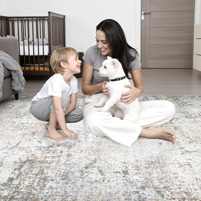 9x12 Area Rug Living Room Rug: Washable Modern Abstract Soft Thin Rug Indoor Floor No Slip Stain Resistant Carpet for Bedroom Dining Room Farmhouse Nursery Home Office - Brown Grey