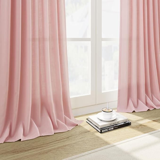 Pink Curtains 63 Inches Long 2 Panel Sets for Baby Girl Bedroom Light Filtering Linen Drapes for Kitchen Windows Rod Pocket Back Tab Short See Through Curtain Home Decor 52x63