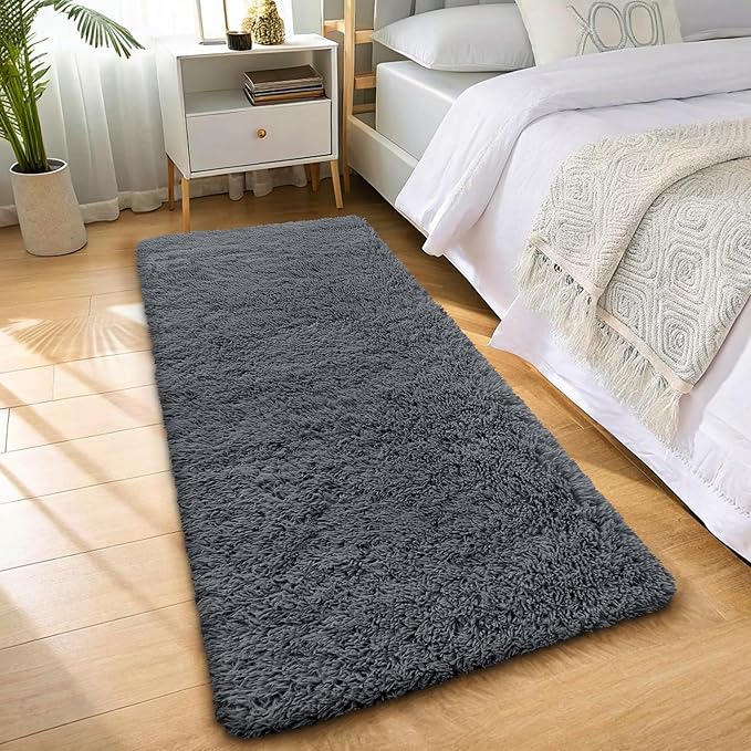 OLANLY 3x12 Machine Washable Runner Rugs for Hallway, Soft Fluffy Shaggy Bedside Rugs for Bedroom, Living Room, Indoor Floor Carpet for Kids Girls and Boys, Nursery Rooms, Home Decor Aesthetic, Grey