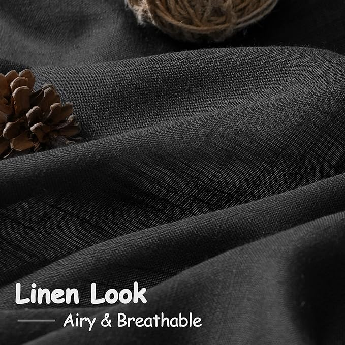Black Sheer Linen Curtains 90 inch Length for Bedroom Back Tab Rod Pocket Modern Farmhouse Muslin Look Cotton Textured Black Window Curtains 90 inches Long for Dining Room Living Office 2 Panels