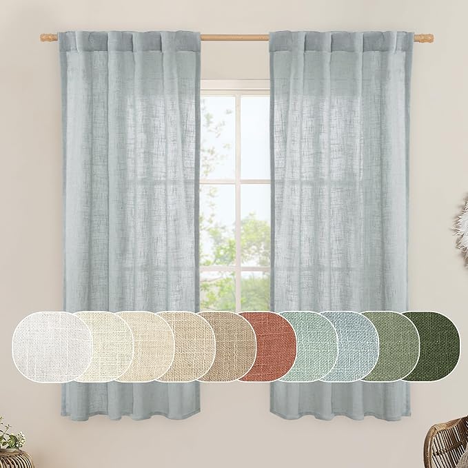 LAMIT Sheer Linen Curtains 63 inches Long for Bedroom, Back Tab and Rod Pocket Linen Drapes Light Filtering Semi Sheer Curtains for Small Window/Farmhouse, 2 Panels (38 x 63 Inch, Greyish Blue)