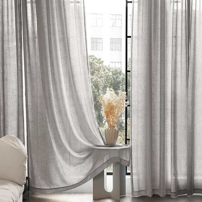 Linen Blend Grey Curtains for Living Room Back Tab Modern Farmhouse Semi Sheer Light Gray Curtains 96 inches Long 2 Panels Set Muted Neutral Cotton Texture Window Curtain for Dining Room Bedroom