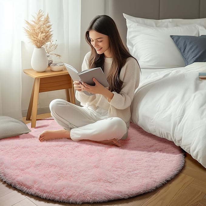 ONASAR Light Pink Round Area Rugs 2ft for Bedroom Living Room, Fluffy Cat Dog Bed Mat, Circle Rug for Kids Girls Boys Teen, Soft Plush Shaggy Carpet for Nursery Dorm Home Decor Aesthetic