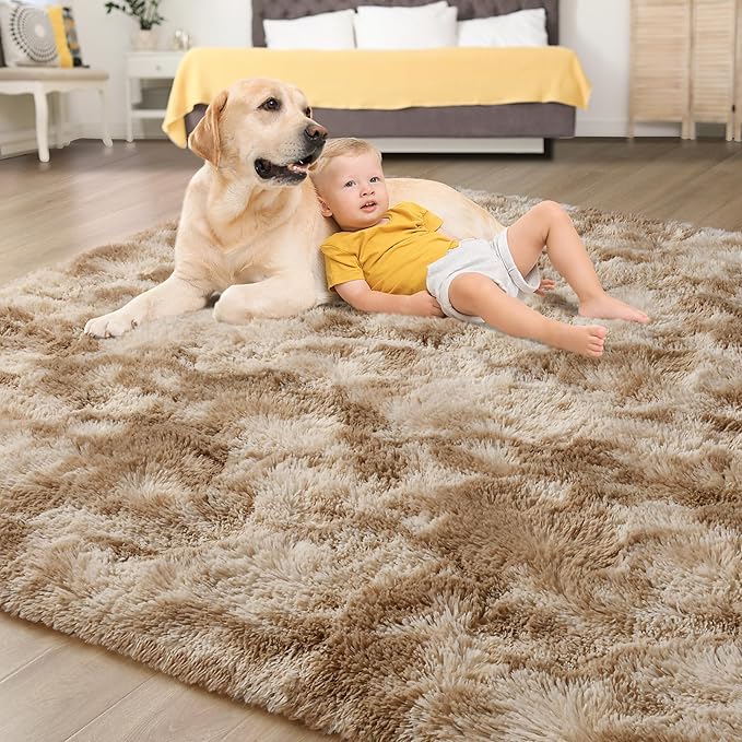 Tepook Area Rugs 9x12 for Living Room, Super Soft Fluffy Rugs for Bedroom, Modern Shaggy Rug Fuzzy Carpets for Kids, Plush Indoor Nursery Home Decor Rug with Non-Slip Bottom, Tie-Dyed Beige
