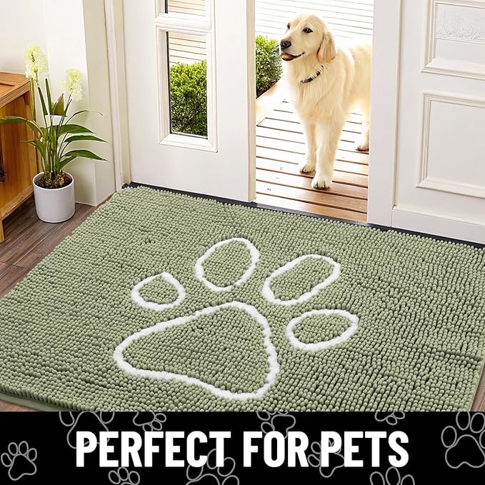 Smiry Dog Door Mat for Muddy Paws, Absorbent Dirt Trapper Non Slip Quick Dry Washable Chenille Mat for Mud Dogs, Entry Rug for Indoor and Outdoor (24x16 Inches, Sage Green and White)