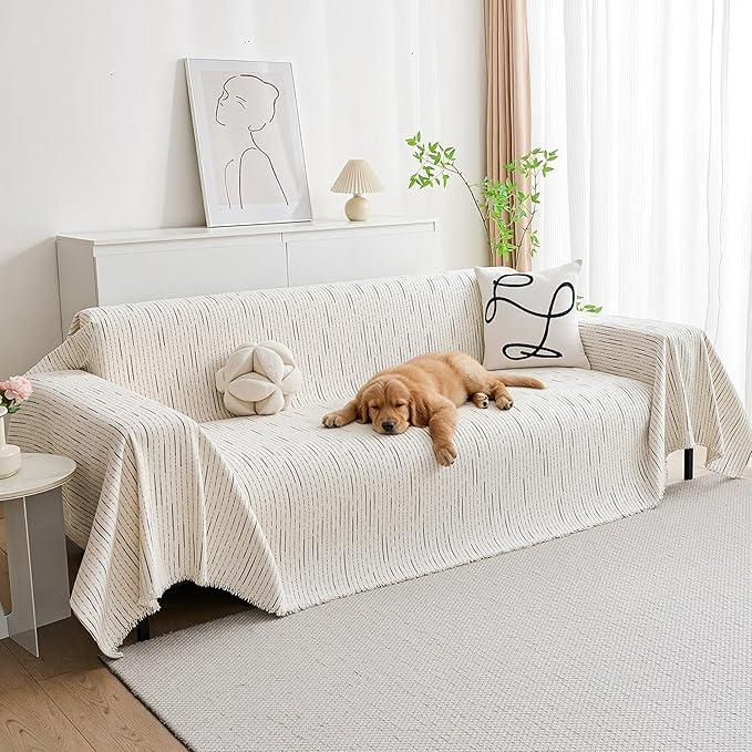 MYSKY HOME Couch Cover for Dogs, Sectional Couch Cover, Beige Lines Sofa Covers for Sectional Sofa L Shape Love Seat Couch Covers for Dogs Pets, Sofa Slipcovers Washable Soft Throw, 71"X102"