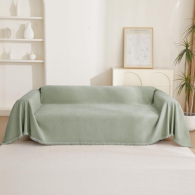MYSKY HOME Green Sofa Covers Tassel Couch Cover for Pet Dogs Sage Couch Cushion Covers for L Shape Universal Chenille Sofa Throw Cover Washable Sectional Couch Covers for Living Room, 71" X102"