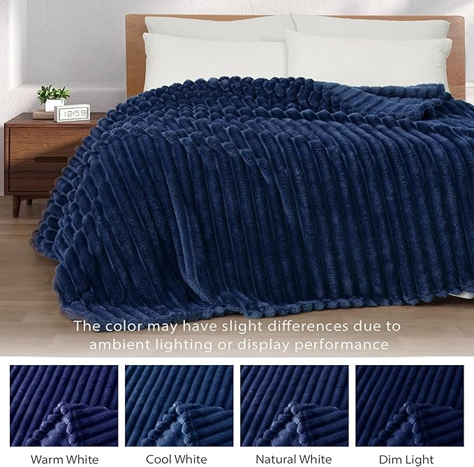 Exclusivo Mezcla Fleece Throw Blanket for Couch, Super Soft Striped Jacquard Bed Blanket, Lightweight Fuzzy Cozy for All Seasons, 50x60 Inches, Navy Blue
