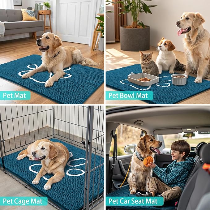 Smiry Dog Door Mat for Muddy Paws, Absorbent Dirt Trapper Non Slip Quick Dry Washable Chenille Mat for Mud Dogs, Entry Rug for Indoor and Outdoor (36x24 Inches, Atlantic Blue and White)