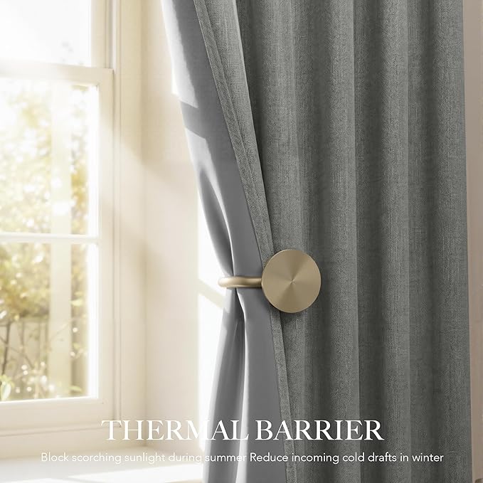 RYB HOME 100% Blackout Linen Textured Curtains 96 inches Long, Thermal Insulating Privacy Energy Saving for Bedroom Living Room Window Office Theater Baby Nursery, W 52 x L 96 in, Grey, 2 Panels