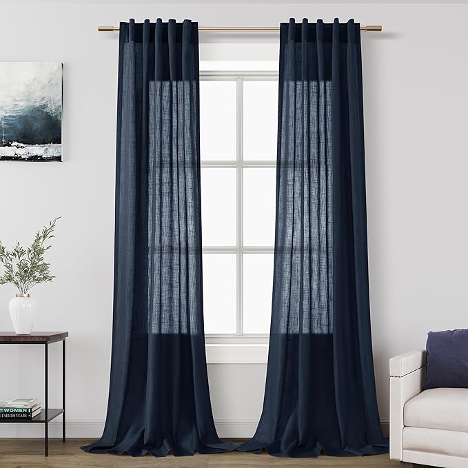 Navy Blue Linen Curtains 102 Inches Long for Living Room 2 Panel Set Back Tab Rod Pocket Indigo Semi Sheer Curtains Light Filtering Burlap Extra Long Drapes Farmhouse Decor for High Window 40x102