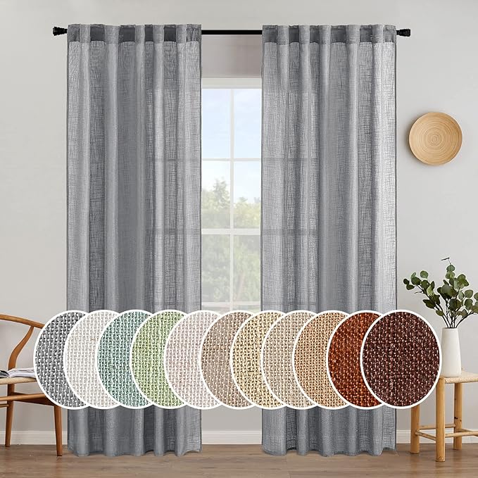 MIULEE Grey Linen Curtains 84 Inch Length for Bedroom Living Room, Soft Thick Linen Textured Window Drapes Gray Semi Sheer Light Filtering Rod Pocket Back Tab Burlap Look, 2 Panels, 37x84 Inches