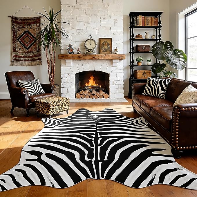 AROGAN Premium Faux Zebra Hide Rug 4.6 x 5.2 Feet, Sturdy and Large Size Bear Print Rugs, Suitable for Bedroom Living Room Western Decor, Faux Fur Animal Carpet, Black and White