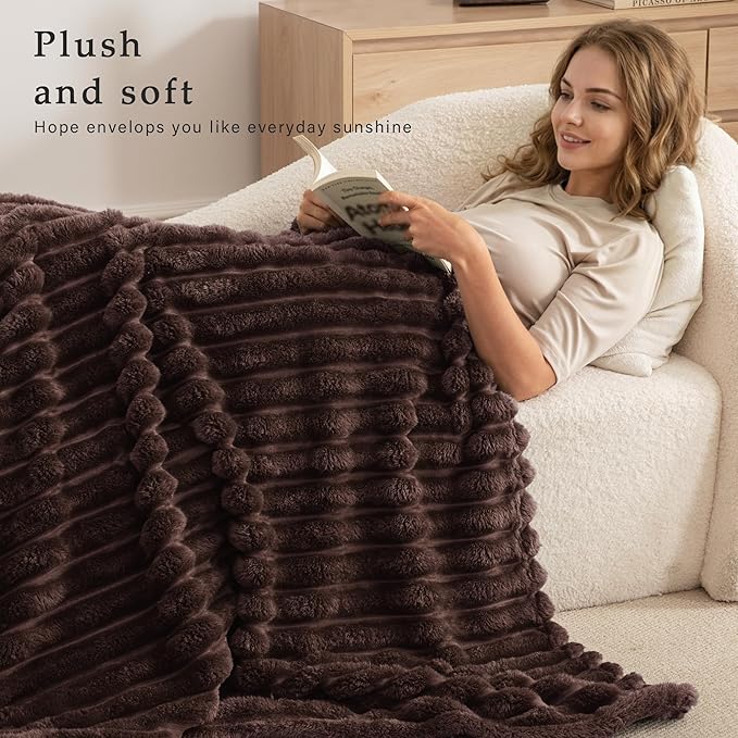 Exclusivo Mezcla Twin Size Flannel Fleece Blanket, Super Soft Striped Jacquard Bed Blanket, Lightweight Fuzzy Cozy for All Seasons, 60x80 Inches, Coffee