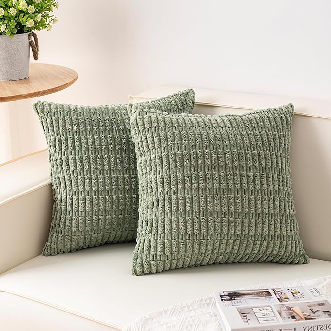Pack of 2 Corduroy Decorative Throw Pillow Covers 26x26 InchSoft Striped Pillow Covers Modern Farmhouse Home Decor for Sofa Living Room Couch Bed（Sage Green）