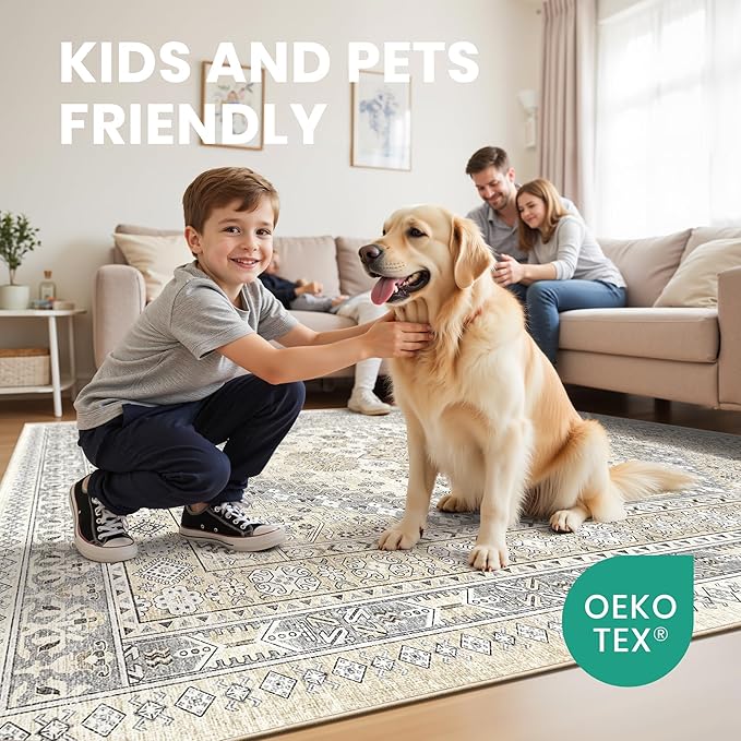 zesthome 3x5 Rug Ultra Soft Washable Rug, Non Slip Area Rug Indoor Entrance, Stain Resistant Rugs for Living Room Bedroom, Vintage Home Decor Area Rugs (Beige,3'x5')
