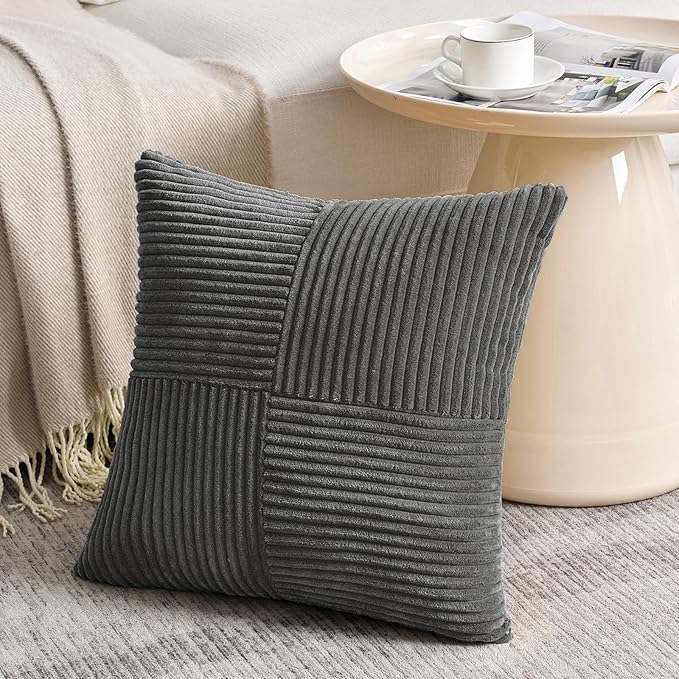 Fancy Homi 2 Packs Dark Gray Samll Decorative Throw Pillow Covers 12x12 Inch with for Couch Bed Sofa, Rustic Farmhouse Boho Home Decor, Soft Corss Patchwork Corduroy Square Cushion Case 30x30 cm