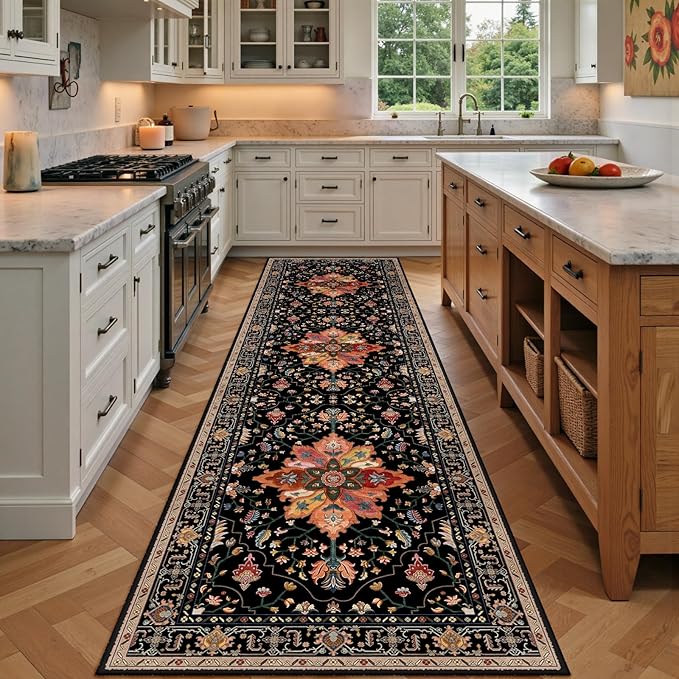 RELEANY Area Rugs 2'x7' Runner Rug Non Slip Washable for Kitchen Hallway Bedroom Beside Laundry Room Bathroom Rug, Floor Carpet, Black Colorful Floral Dark Tan