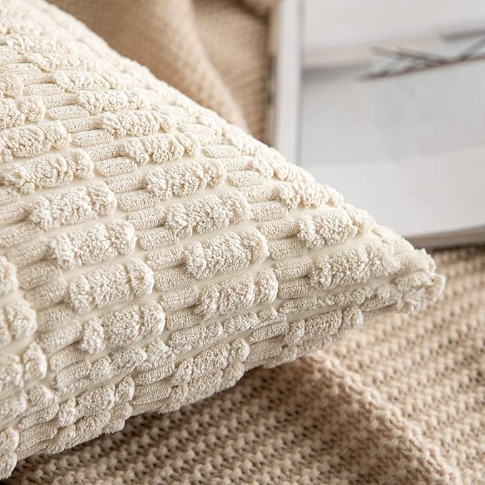 MIULEE Pack of 2 Corduroy Decorative Lumbar Throw Pillow Covers 20x12 Inch Soft Boho Striped Pillow Covers Modern Farmhouse Home Decor for Sofa Living Room Couch Bed Cream White