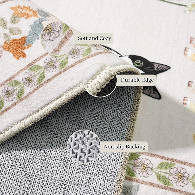 2x10 Washable Hallway Runner Rug - Soft Low Pile Floral Animal Cat Print Rugs with Non-Slip Backing Waterproof Stain-Resistant Indoor Carpet for Kitchen Entryway Bathroom Bedroom (Light Beige)