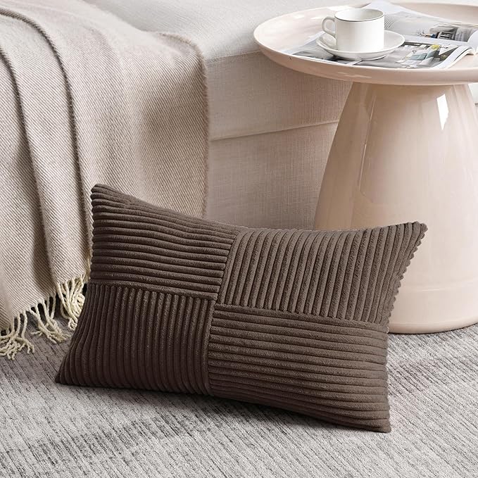 Fancy Homi 2 Packs Dark Brown Lumbar Decorative Throw Pillow Covers 12x20 Inch for Living Room Couch Bed, Rustic Farmhouse Boho Home Decor, Soft Striped Corduroy Rectangle Accent Cushion Case 30x50 cm