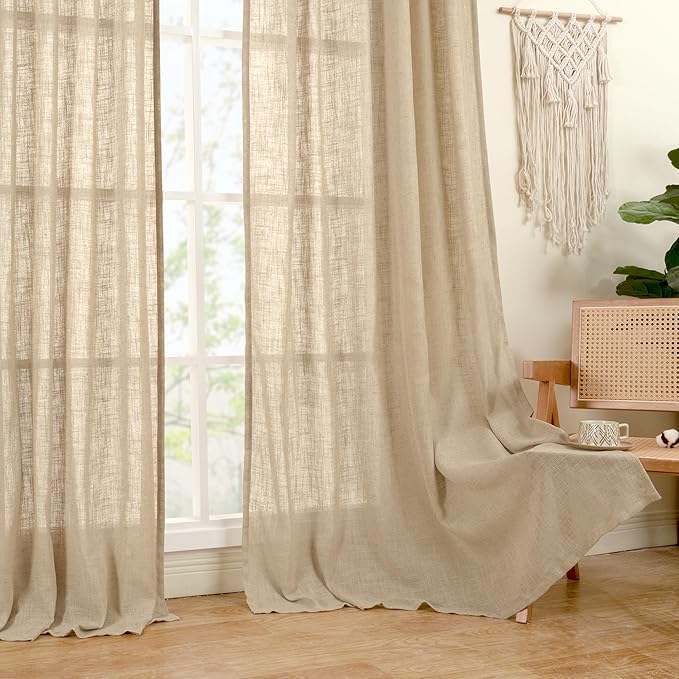LAMIT Natural Linen Curtains 108 Inch for Living Room, Back Tab and Rod Pocket Textured Sheer Light Filtering for Boho Farmhouse, 2 Panels, 52 x 108 Inch, Brown
