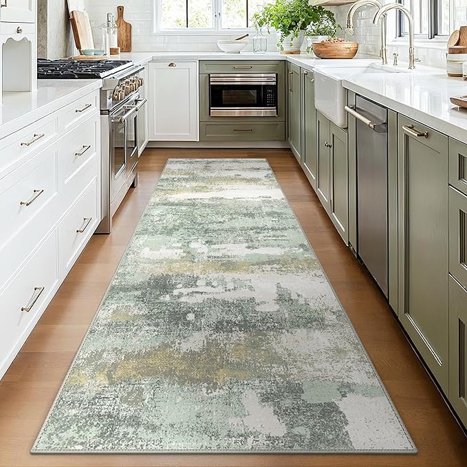 BEIMO Runner Rug for Hallway Kitchen, 3x8 Machine Washable Runners Rug for Entryway, Soft Modern Abstract Throw Rugs, Low Pile Floor Cover with Non Slip Backing, Light Green