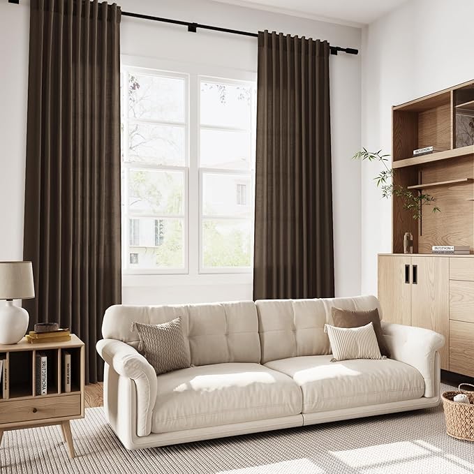 Extra Long Curtain Chocolate Morden Linen Blend Light Filtering Back Tab Curtains for Long Winodws 120 Inches Length, Semi Sheer Privacy Drapes for Living Room,52x120 inch, 2 Panels