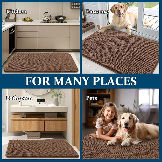 OLANLY Dog Door Mat for Muddy Paws 44x32, Absorbs Moisture and Dirt, Absorbent Non-Slip Washable Doormat, Quick Dry Chenille Mud Mat for Dogs, Entry Indoor Entryway Carpet for Inside Floor, Mocha