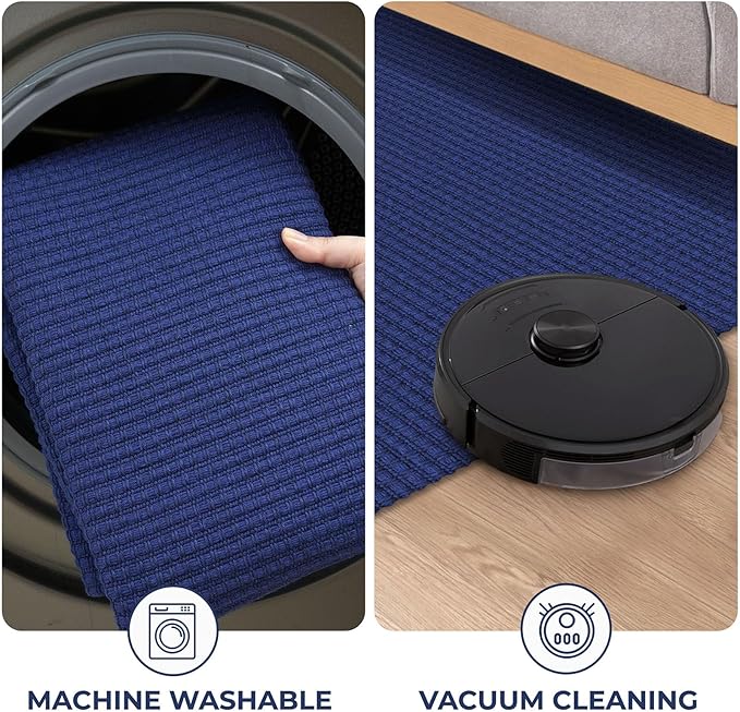 KOZYFLY Runners for Hallways 2.6x10 ft Washable Kitchen Runner Non Slip Rubber Backed Hallway Rugs Cotton Entryway Runner Rug Floor Carpet for Indoor Hall, Backdoor, Kitchen, Royal Blue/Navy