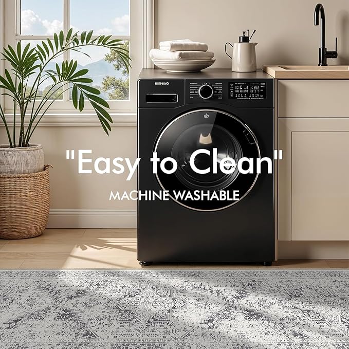 Washable 3x5 Area Rug for Entryway - Kitchen Non Slip Low-Pile Rugs Vintage Soft Thin Carpet Small Stain Resistant Mat for Bedroom Entrance Bathroom Floor Decor (Distessed Grey)