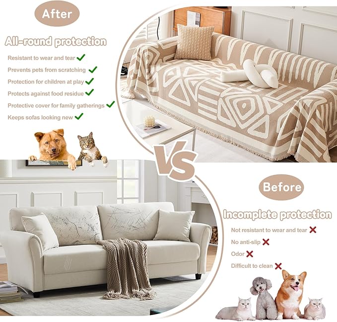 HANDONTIME Sofa Covers for Sectional Sofa Set Boho Couch Cover for Dogs Khaki Throw Couch Cover with Tassel Loveseat Covers Futon Cover L Shaped Cover Washable Chenille Couch Protector, 71" X118"