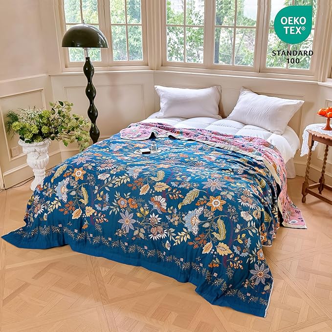 MSGKV Boho Throw Blanket for Couch 50"x60" 100% Cotton Floral Blanket Spring Breathable Lightweight Muslin Home Decorative Blankets for Sofa