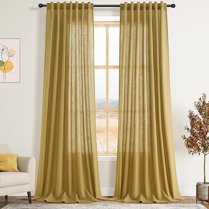Nanspring Gold Linen Curtains Semi Sheer Gold 96 Inches Long 2 Panels Set for Living Room Back Tab Rod Pocket Light Filtering Drape for Bedroom Modern Farmhouse Coastal Decor Protect Privacy 52x96