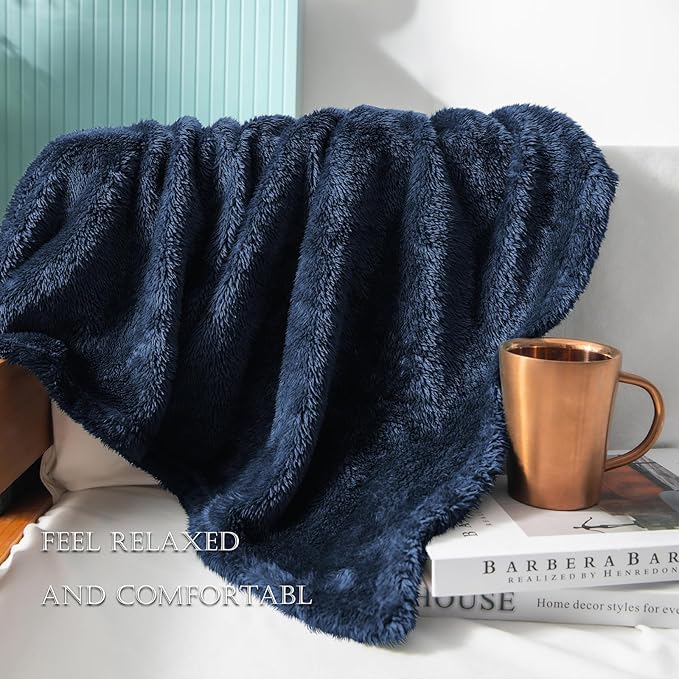 Exclusivo Mezcla Plush Fuzzy Fleece Bed Blanket King Size, Super Soft, Fluffy and Warm Blankets for Couch, Bed, All Season (Navy Blue, 90x104 inches)