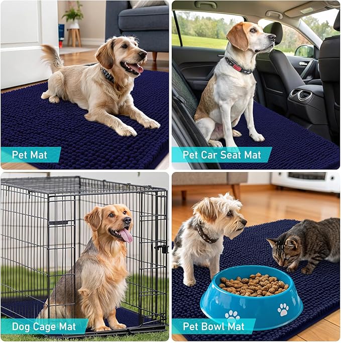 OLANLY Dog Door Mat for Muddy Paws 34x21, Absorbs Moisture and Dirt, Absorbent Non-Slip Washable Doormat, Quick Dry Chenille Mud Mat for Dogs, Entry Indoor Entryway Carpet for Inside Floor, Navy Blue