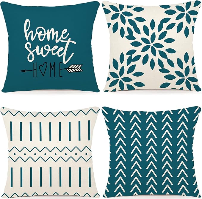 YCOLL Pillow Covers 20x20 Set of 4, Modern Sofa Throw Pillow Cover, Decorative Outdoor Linen Fabric Pillow Case for Couch Bed Car,Teal