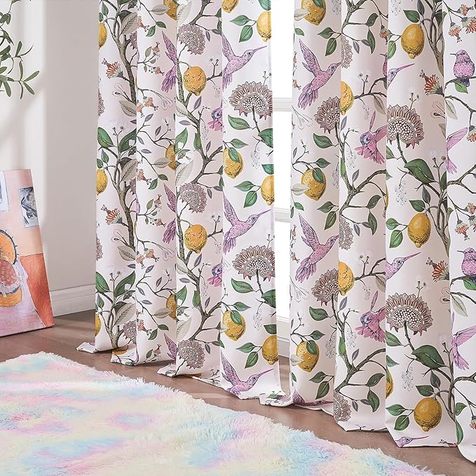 Topfinel Pink Blackout Window Curtains 72 Inch Length 2 Panels for Girls Bedroom, Spring Light Pink Cute Fancy Cottage Core Princess Floral Hummingbird Patterned Grommet Blush Pink Curtains Nursery