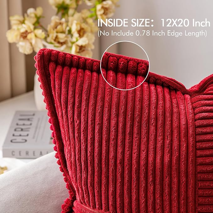 MIULEE Decorative Lumbar Throw Pillow Covers for Couch Bed Livingroom 12x20 Inch Set of 2 Red Boho Accent Throw Pllows Broadside Striped Patchwork Soft Corduroy Pillowcases