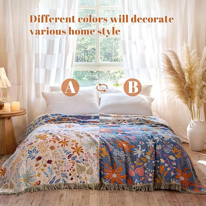 MSGKV Boho Throw Blanket for Bed 100% Cotton Floral Twin Size Couch Blanket 60"x80" Muslin Spring Breathable Lightweight Farmhouse Blankets All Seasons