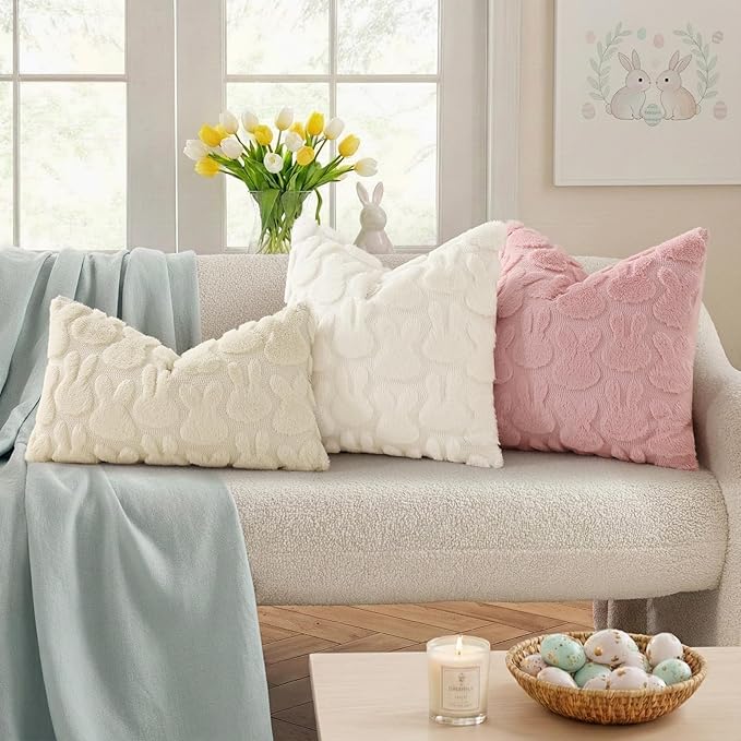 decorUhome Easter Bunny Pillow Covers 18x18 Inch Set of 2, Soft Plush Faux Wool Jacquard Pink Rabbit Cushion Covers, Farmhouse Neutral Spring Easter Holiday Decor for Couch Sofa Bed